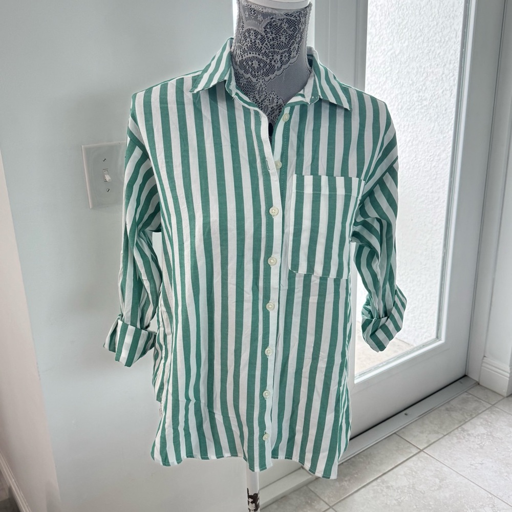LOFT Mint Striped Button-Down Shirt - Picture 1 of 8